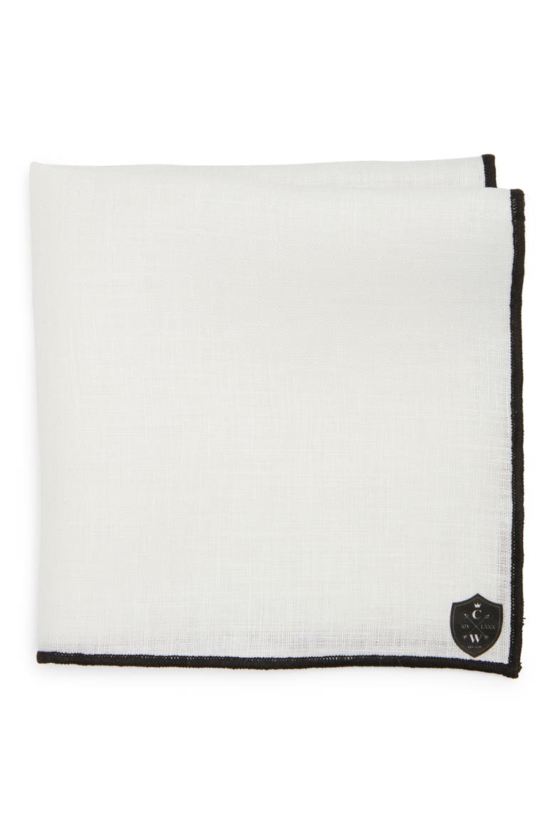 White Linen Pocket Square with Black Trim, Main, color, BLACK