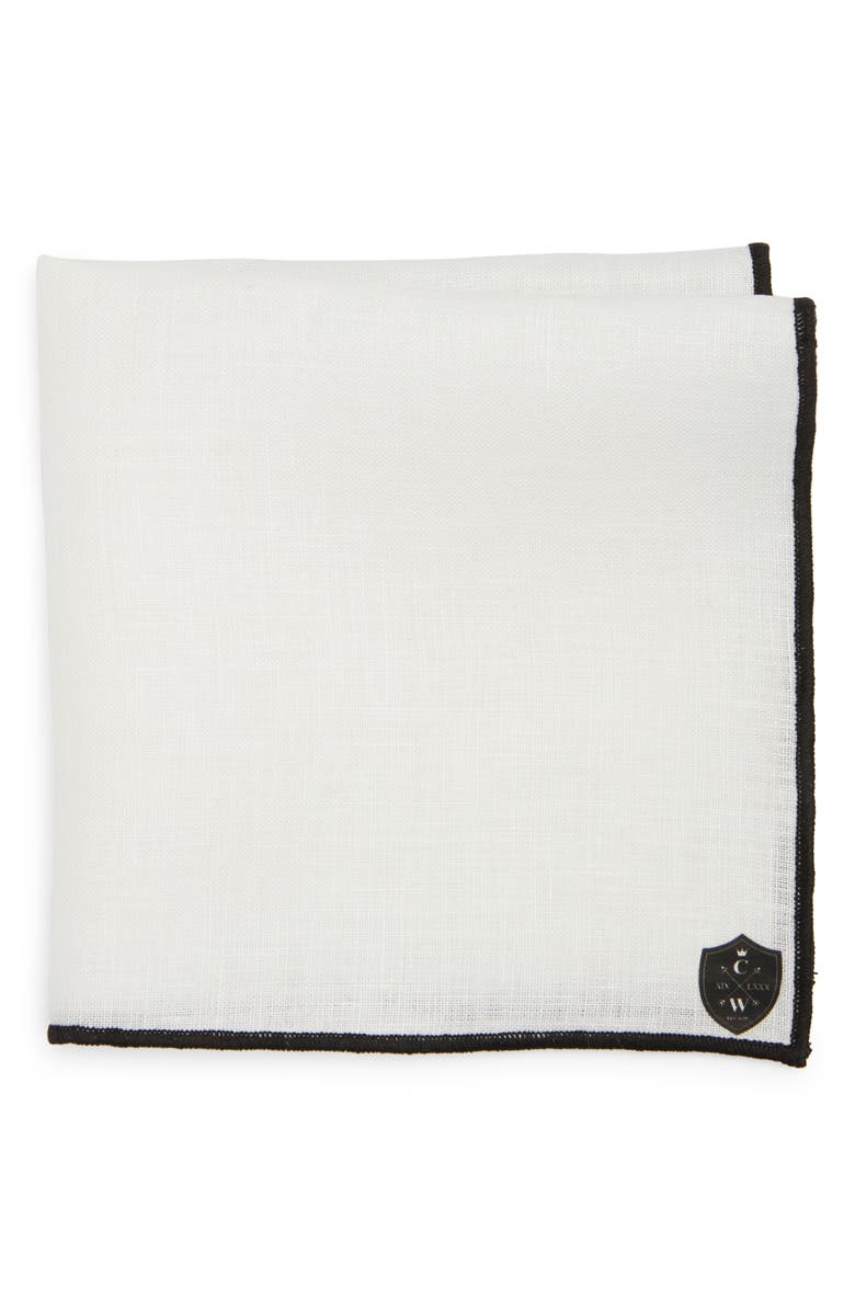 CLIFTON WILSON White Linen Pocket Square with Black Trim, Main, color, Black