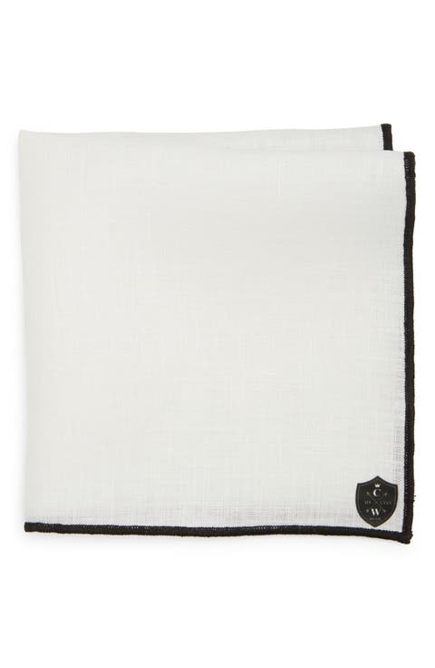 White Linen Pocket Square with Black Trim