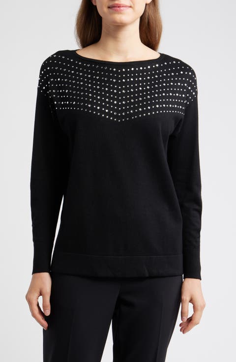Stud Embellished Boat Neck Sweater