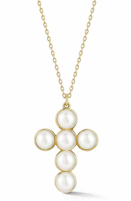Ember Fine Jewelry 14K Gold Freshwater Pearl Cross Pendant Necklace