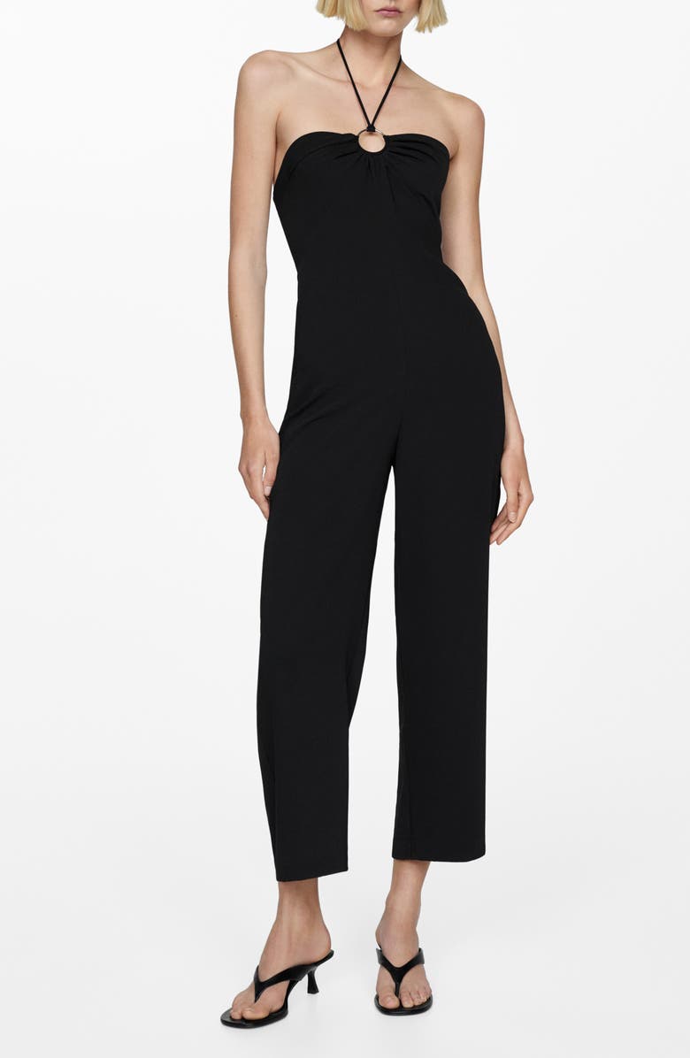 MANGO O-Ring Halter Straight Leg Jumpsuit, Main, color, Black