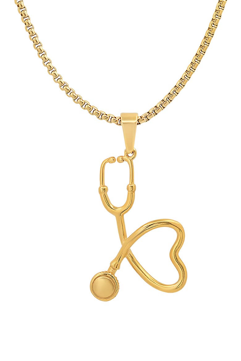 HMY JEWELRY 18k Gold Plated Stainless Steel Stethoscope Heart Pendant Necklace, Alternate, color, YELLOW