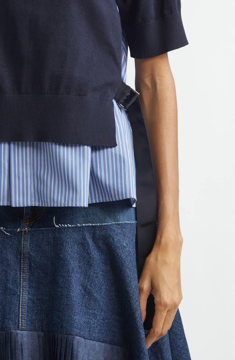 Sacai Mixed Media Poplin & Knit Sweater, Alternate, color, Navy/ Blue Stripe