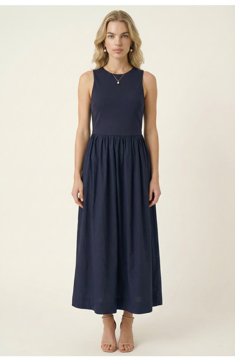 Modenaire Sleeveless Fit-and-Flare Maxi Dress with Seam Waist and Side Pockets, Main, color, Navy Blue