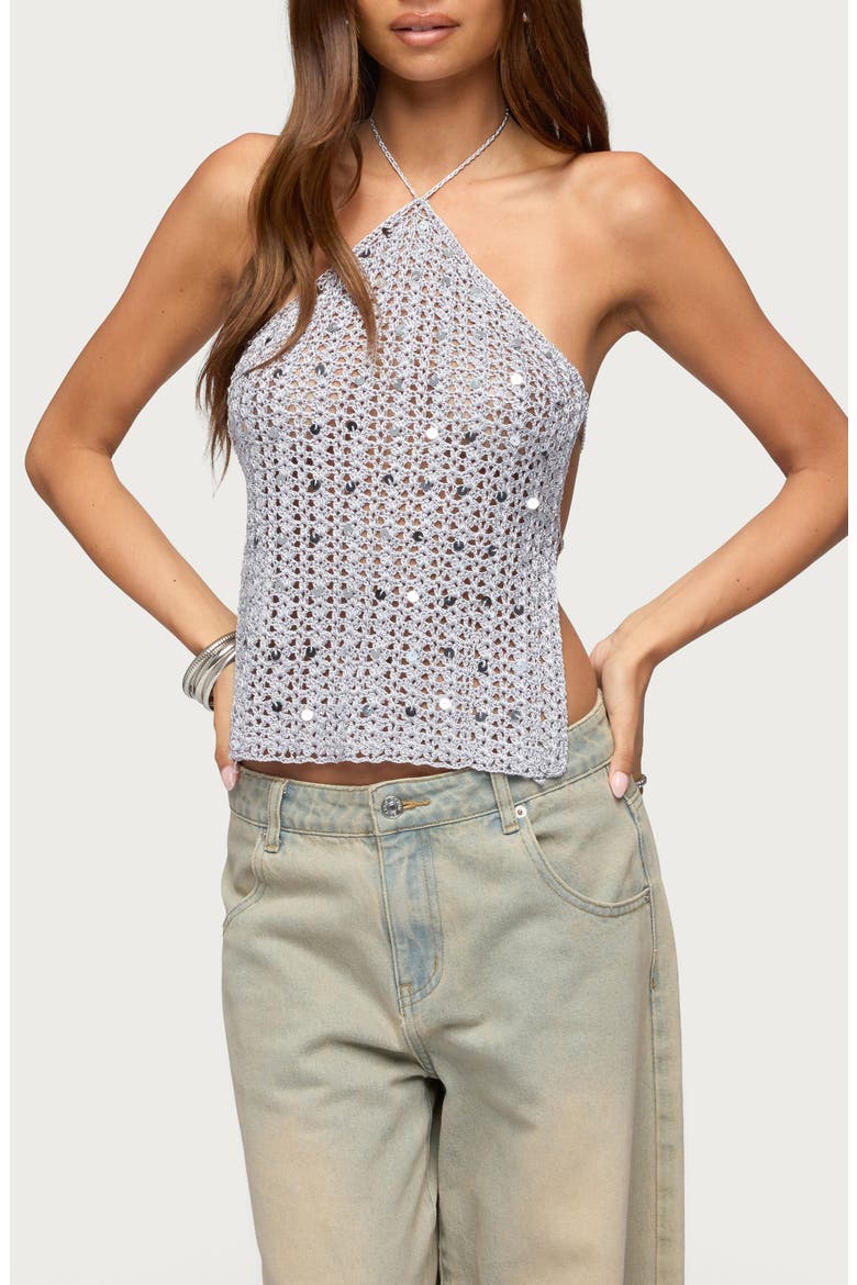Thaly Backless Sequin Crochet Top, Main, color, SILVER