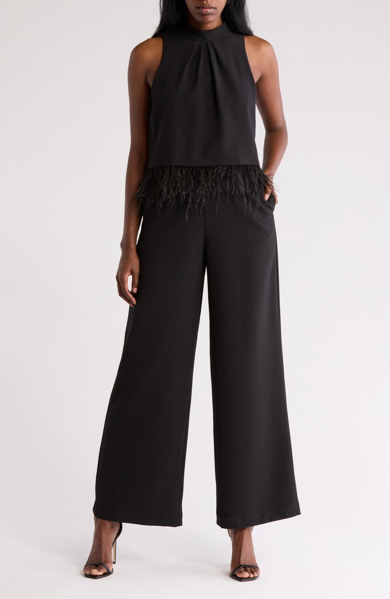 Julia Jordan Feather Trim Sleeveless Jumpsuit, Main, color, 