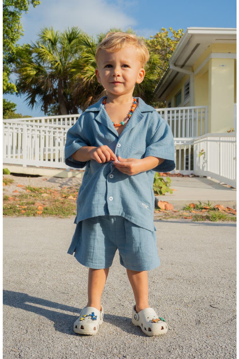 Kids' Blue Cotton Muslin Camp Shirt & Drawstring Shorts Set, Alternate, color, BLUE