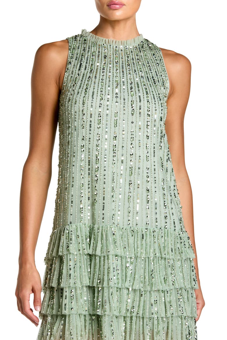 Sleeveless Striped Sequin Tiered Ruffle Mini Dress, Alternate, color, Sage
