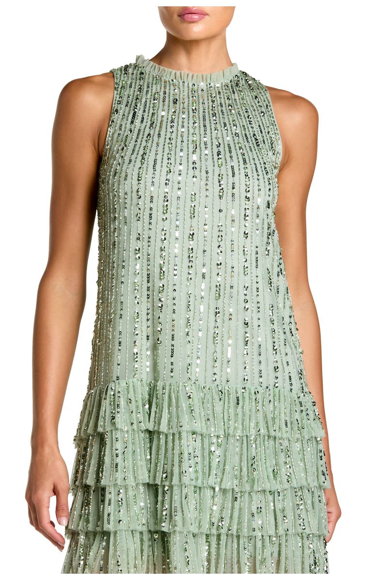 Mac Duggal Sleeveless Striped Sequin Tiered Ruffle Mini Dress, Alternate, color, Sage