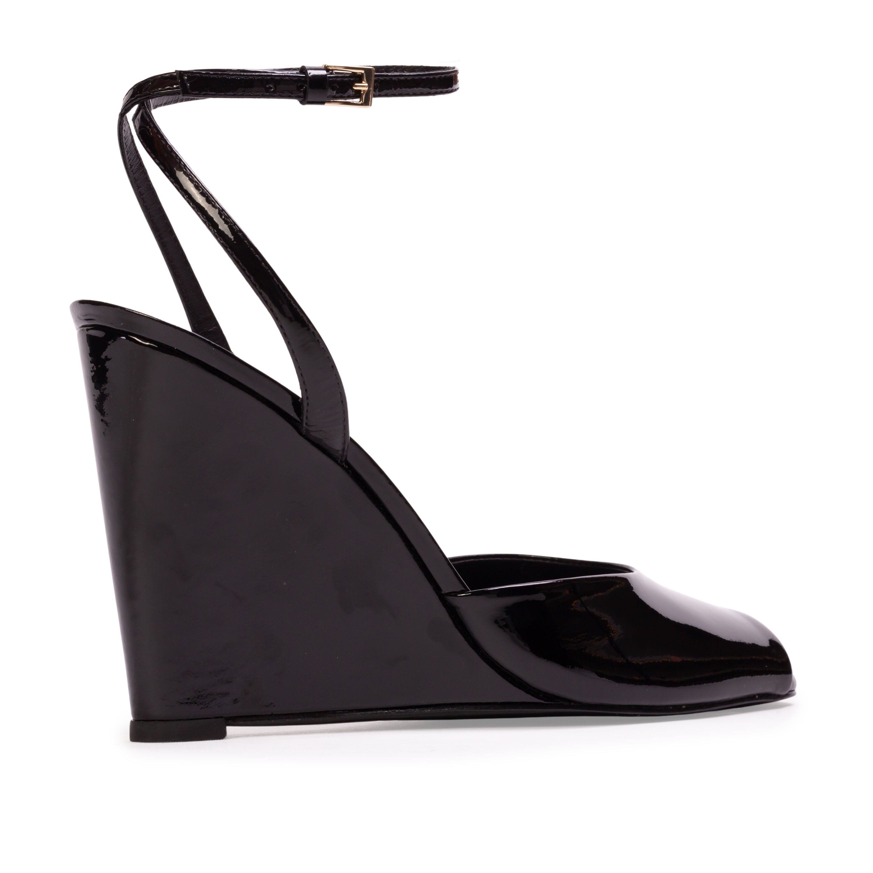 BLACK SUEDE STUDIO Idetta 100 Wedge  Sandal, Alternate, color, Black Patent Leather
