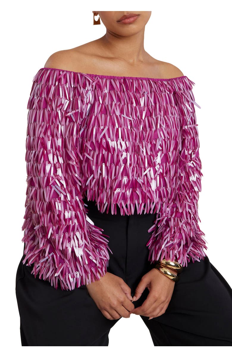 ELOQUII Fringe Sequin Off The Shoulder Top, Main, color, 