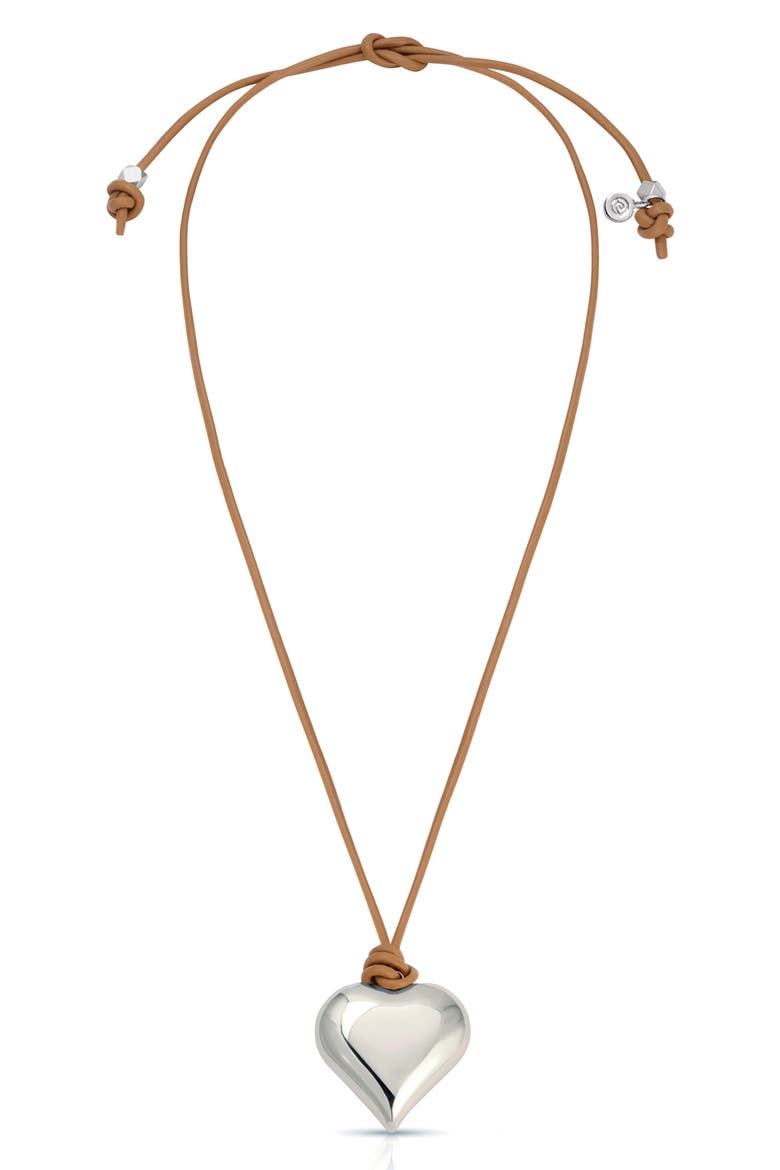 Puffy Heart Pendant Necklace, Alternate, color, TAN AND SILVER