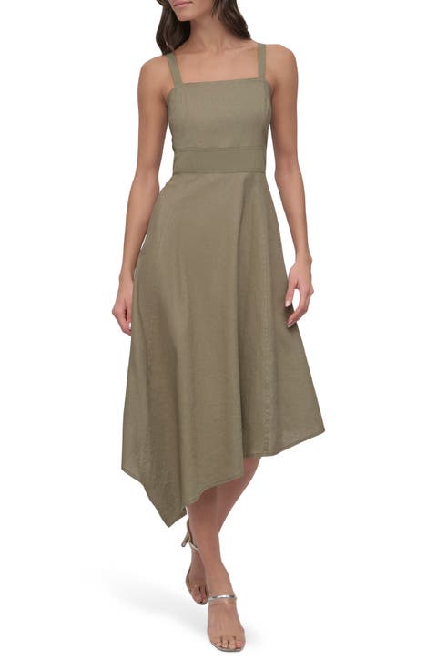 Paneled Linen Blend Midi Dress