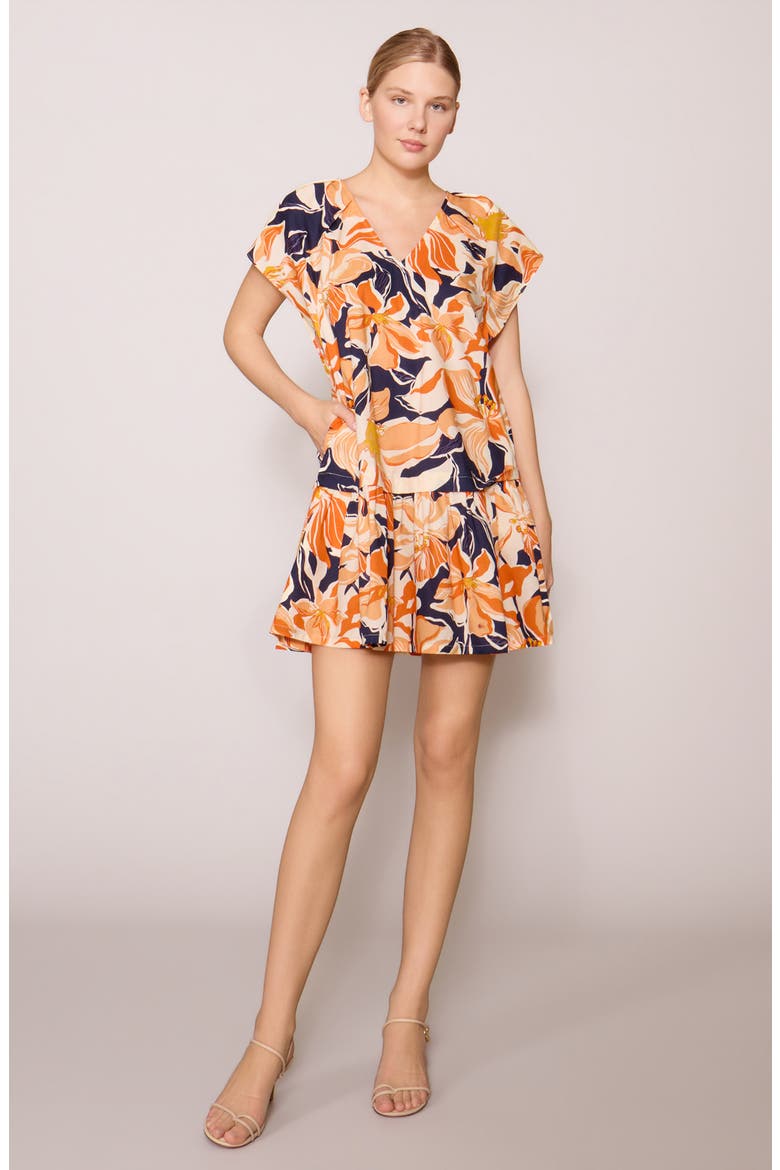 Floral Cap Sleeve Drop Waist Minidress, Alternate, color, ORANGE NAVY MULTI