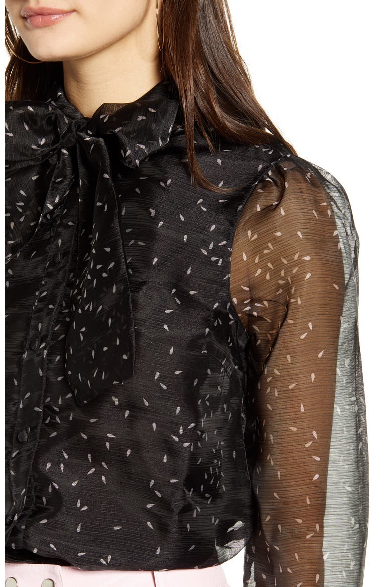 Ava Tie Neck Sheer Sleeve Shirt, Alternate, color, BLACK AOP TEAR