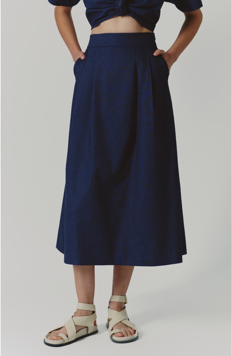 De Loreta Flecos A-Line Cotton Midi Skirt, Main, color, Navy Denim