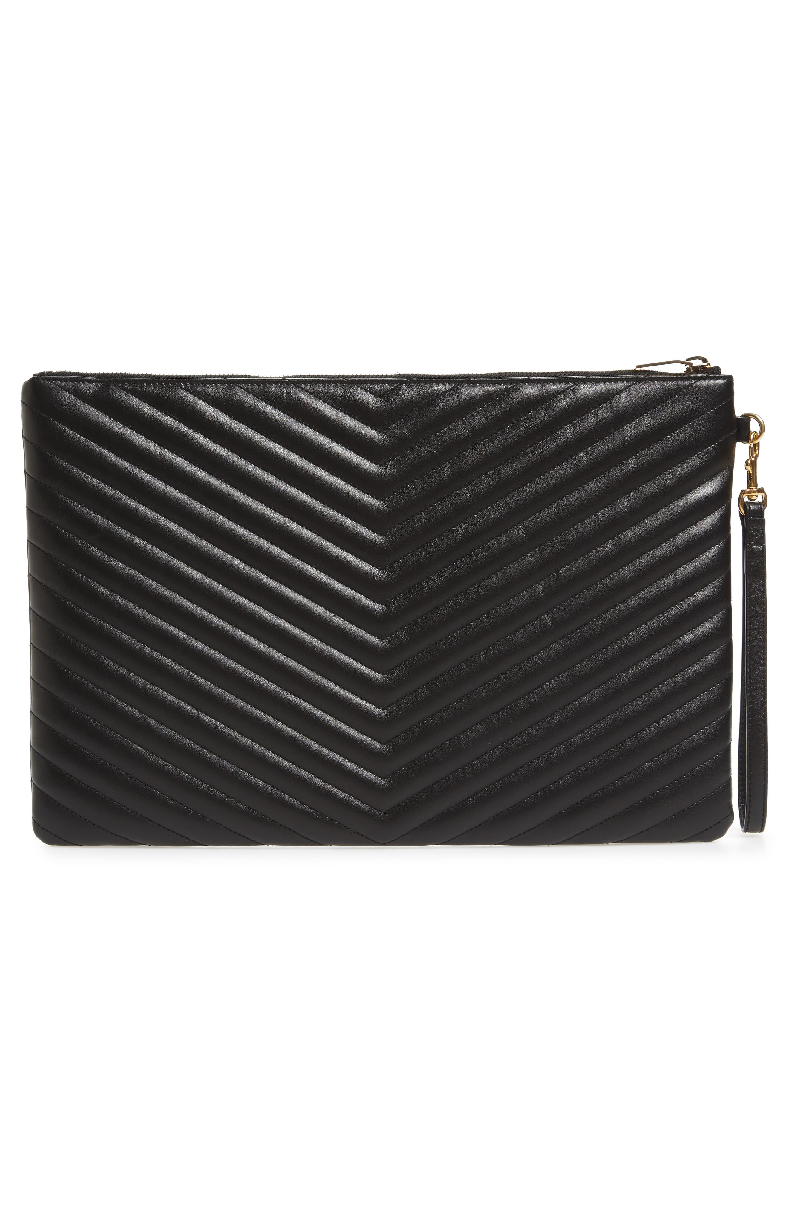 Large Logo Matelassé Leather Pouch, Alternate, color, NOIR