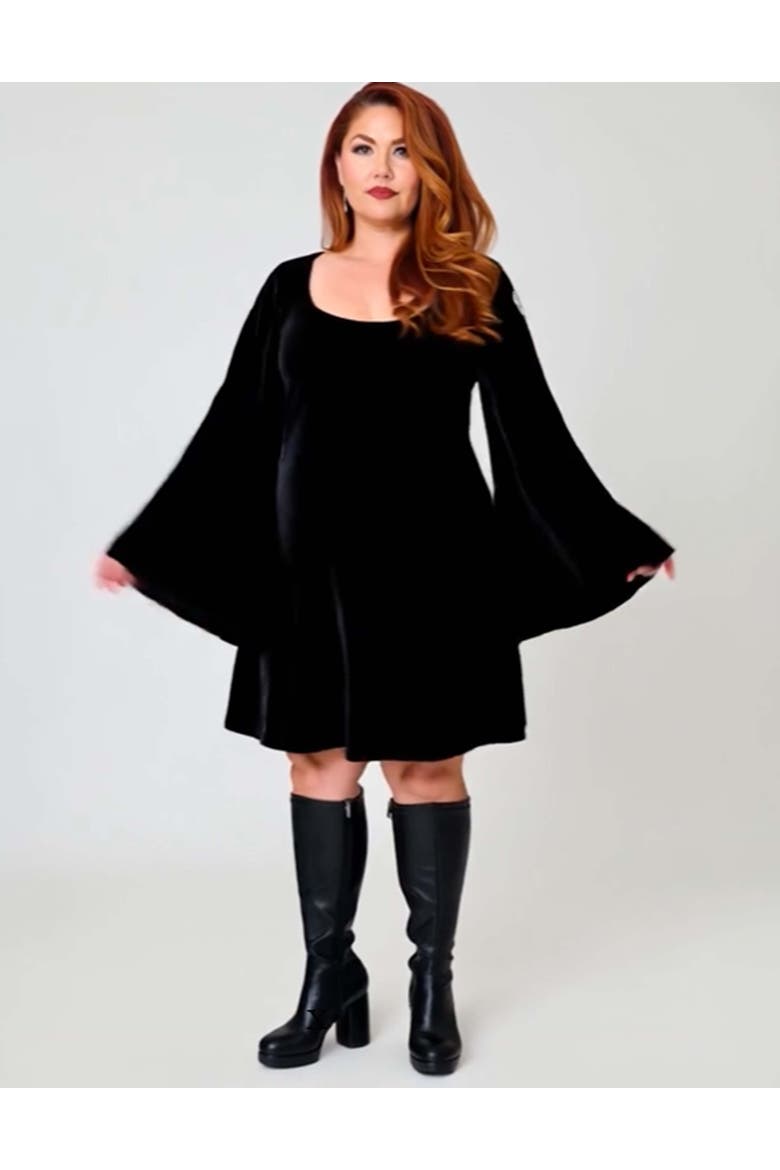 Plus Size Angel Sleeve Downtown Scene Mini Fit & Flare Dress, Main, color, Black w/ Crescent Moon