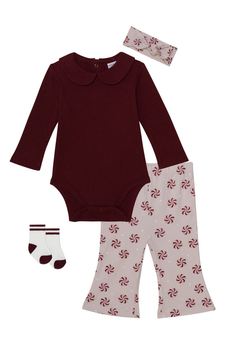 PL BABY BY PETIT LEM Bodysuit, Flare Pants, Socks & Headband Set, Main, color, Plum Peppermint