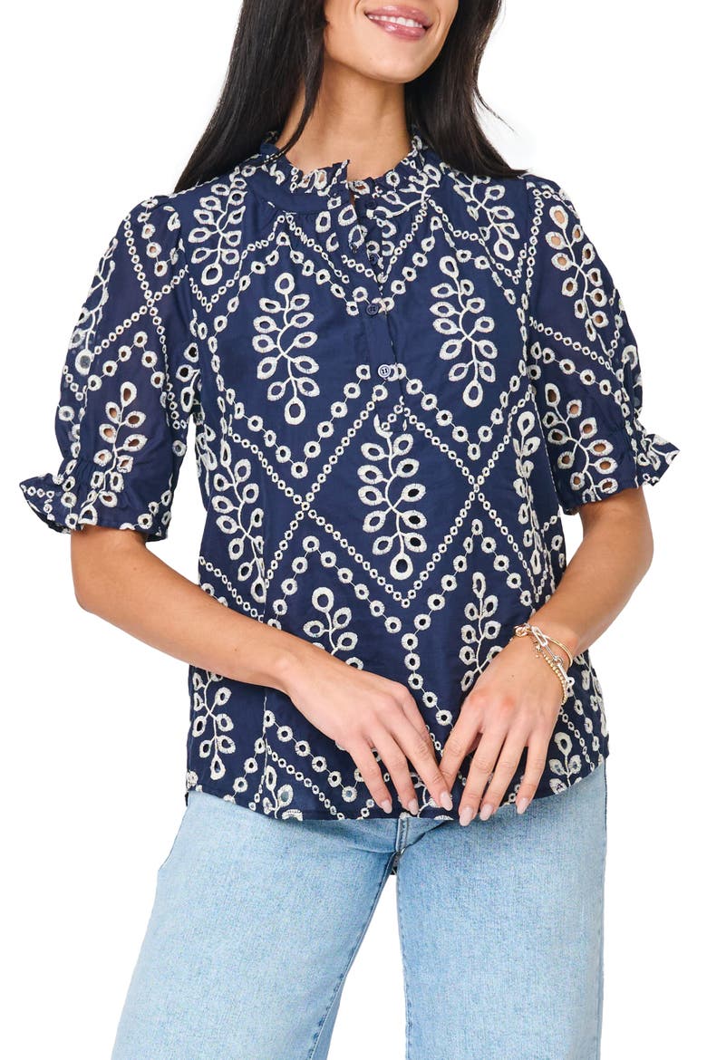 Dianthus Puff Sleeve Cotton Top, Main, color, NAVY EYELET