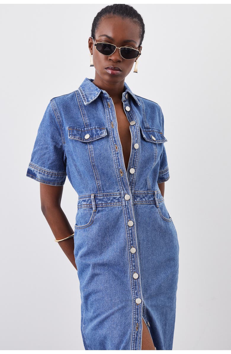 Karen Millen Denim Midi Shirt Dress, Alternate, color, Mid Wash
