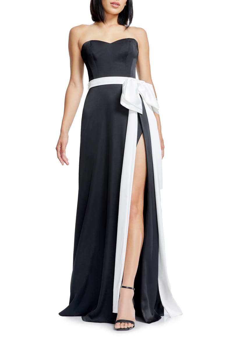Athene Bow Waist Strapless Gown, Main, color, BLACK-WHITE