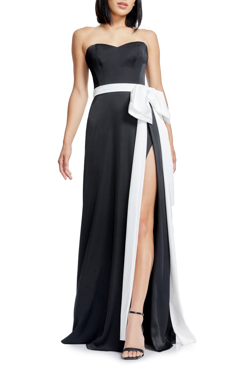 Dress the Population Athene Bow Waist Strapless Gown, Main, color, Black-White