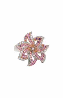 SUZY LEVIAN Sterling Silver Sapphire & Lab Grown White Sapphire & Diamond Accent Flower Ring