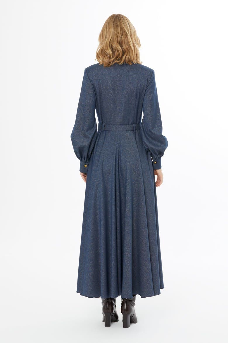 Long-Sleeve Collared Button Belted Maxi Dress, Alternate, color, Navy
