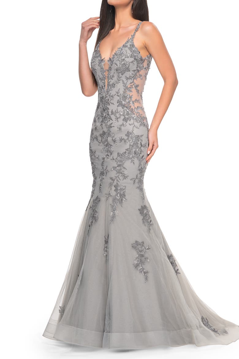 Mermaid Prom Gown with Illusion Sides and Lace Applique, Main, color, Silver