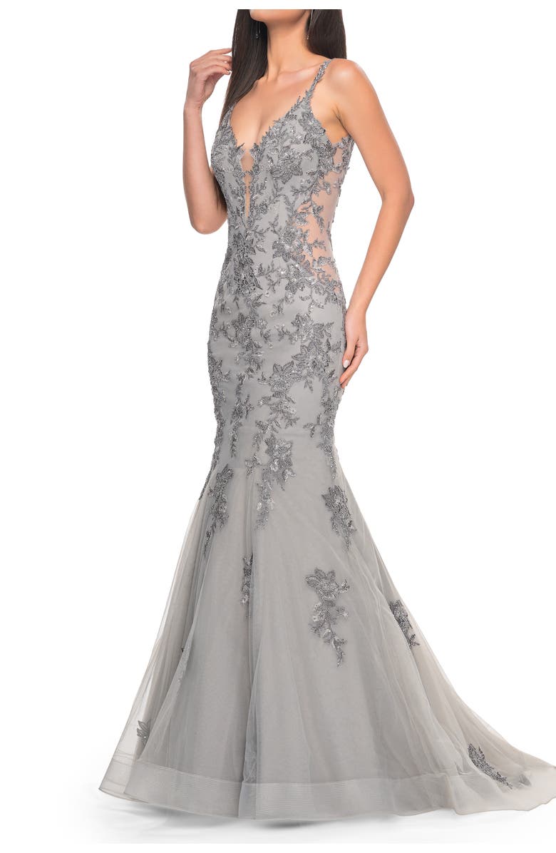 La Femme Mermaid Prom Gown with Illusion Sides and Lace Applique, Main, color, Silver
