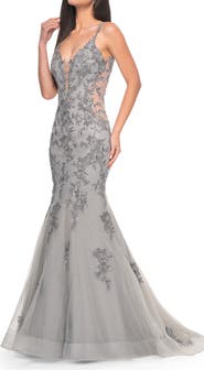 La Femme Mermaid Prom Gown with Illusion Sides and Lace Applique
