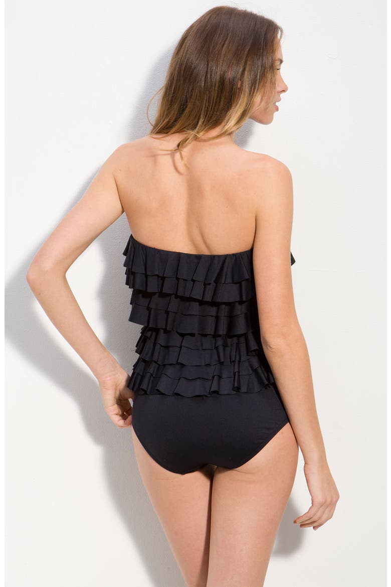 'Cascading Ruffle' One Piece Bandeau Swimsuit, Alternate, color, BLACK