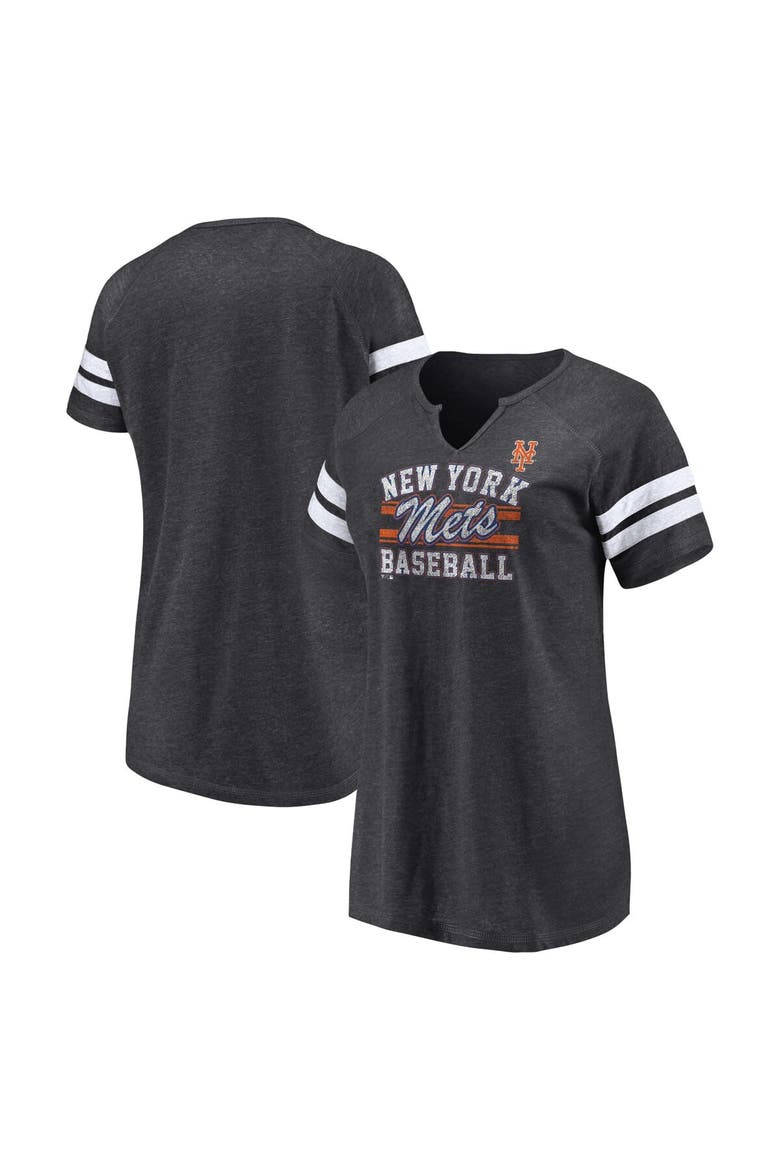 Women's Fanatics Branded Heather Charcoal New York Mets Quick Out Tri-Blend Raglan Notch Neck T-Shirt, Alternate, color, Heather Charcoal
