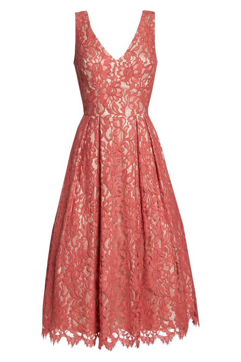 V-Neck Lace Midi Dress, Alternate, color, ROSE