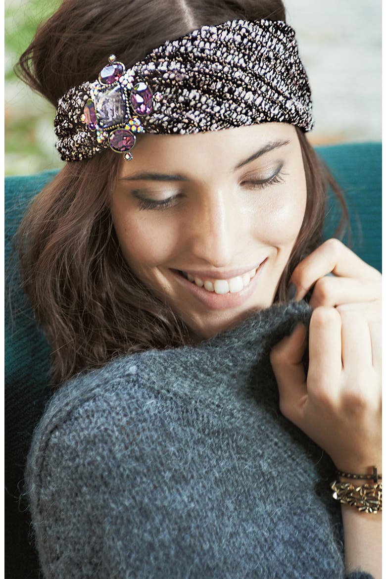 'Jewel Sparkle' Tweed Head Wrap, Alternate, color, BLACK