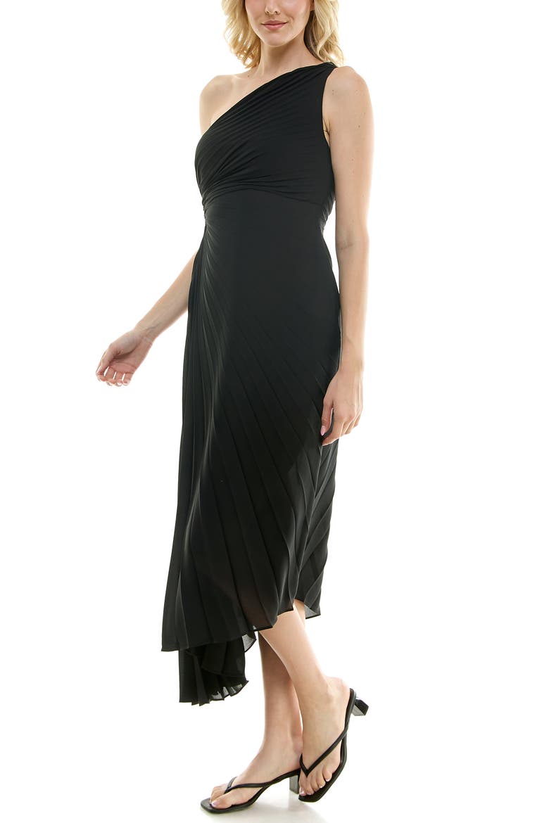 One Shoulder Pleat Midi Dress, Alternate, color, VERY BLACK
