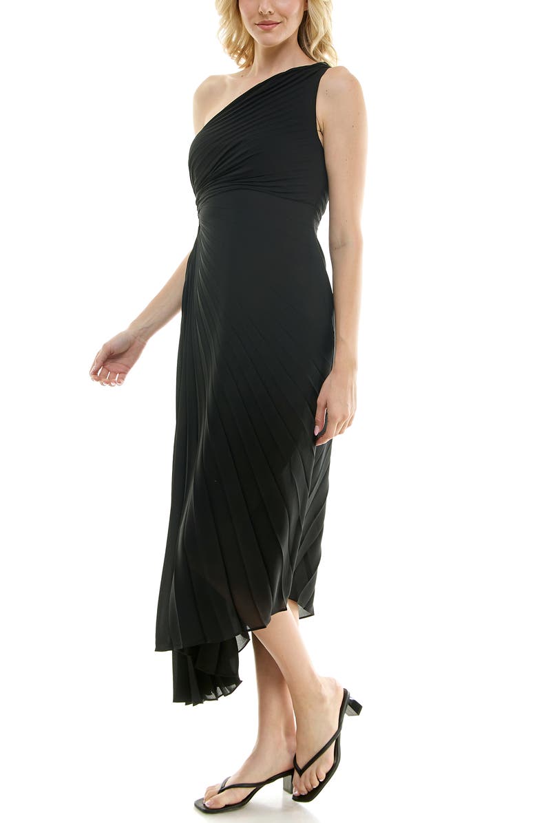 Nicole Miller One Shoulder Pleat Midi Dress, Alternate, color, Very Black