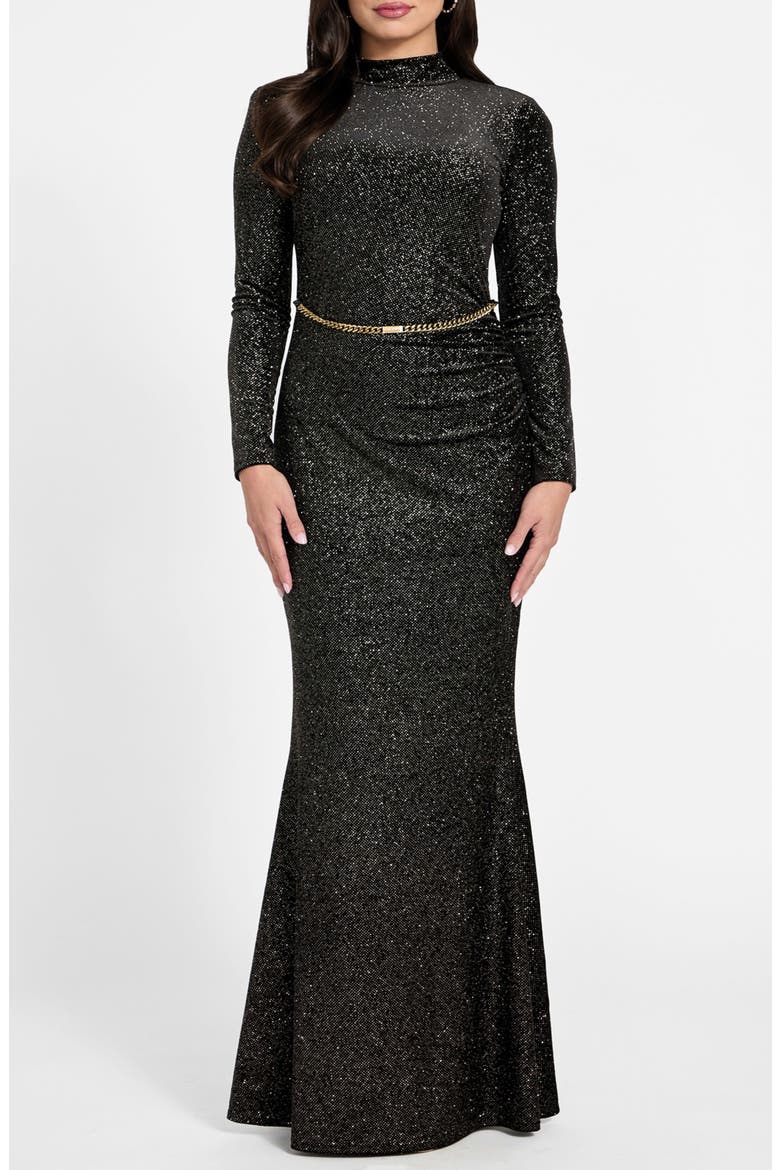 Dana Long Sleeve Open Back Shimmer Knit Dress, Main, color, BLACK
