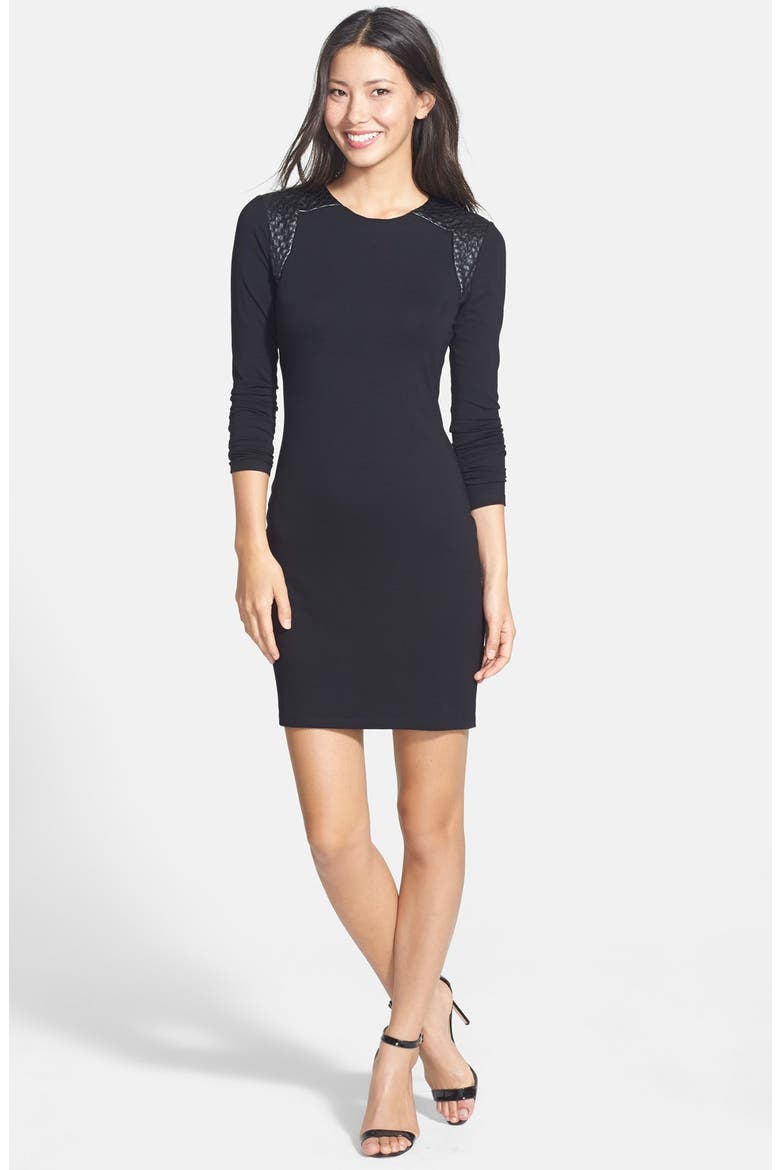 Faux Leather Trim Body-Con Dress, Main, color, RICH BLACK