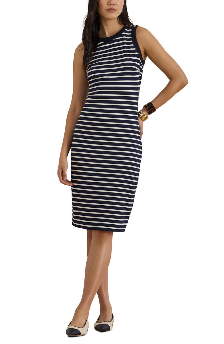 Lauren Ralph Lauren Stripe Ponte Crewneck Dress, Main, color, Refined Blue/ Cream