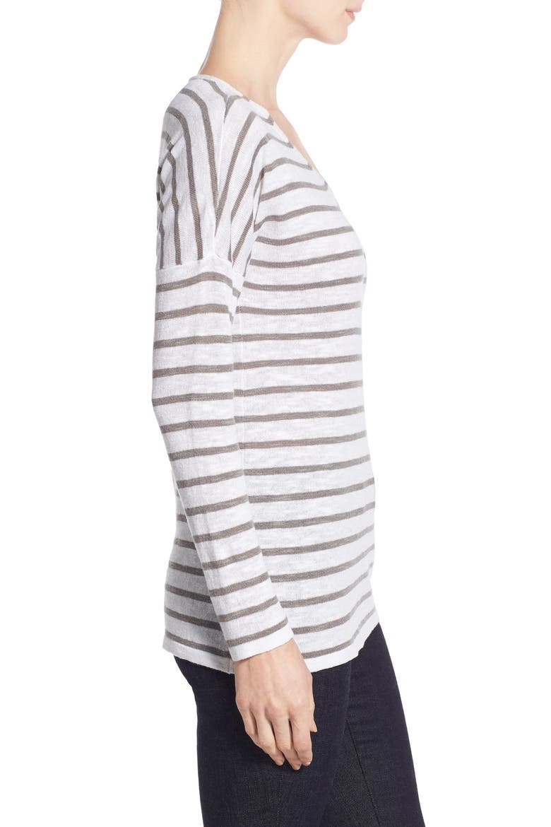 Stripe Organic Linen & Cotton V-Neck Sweater, Alternate, color, WHITE/ SMOKE