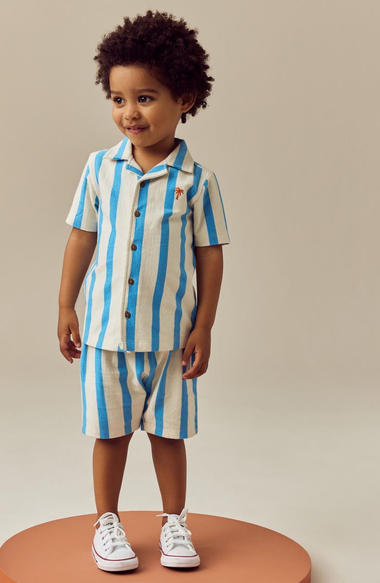 NEXT Kids' Stripe Knit Cotton Blend Camp Shirt & Drawstring Shorts Set, Alternate, color, Blue/White