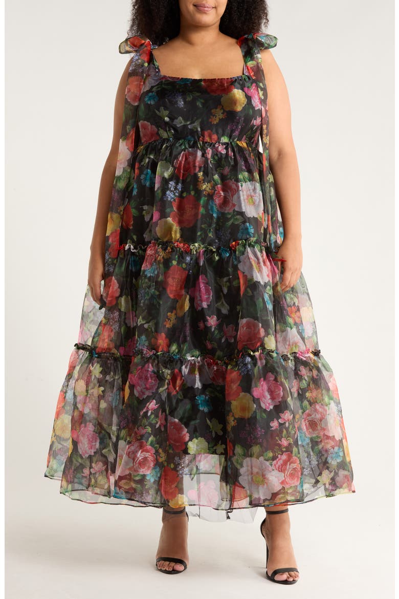 Bow Shoulder Organza Maxi Dress, Main, color, BLACK MULTI FLORAL