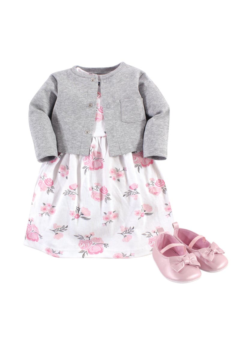 Cotton Dress, Cardigan and Shoe Set, Main, color, Pink Gray Floral