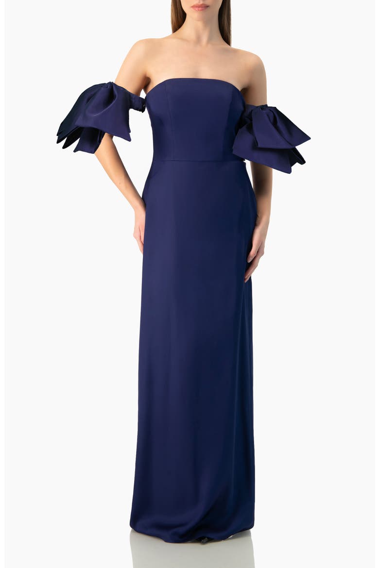 Strapless Column Gown with Detachable Bow Sleeves, Main, color, Navy Blue