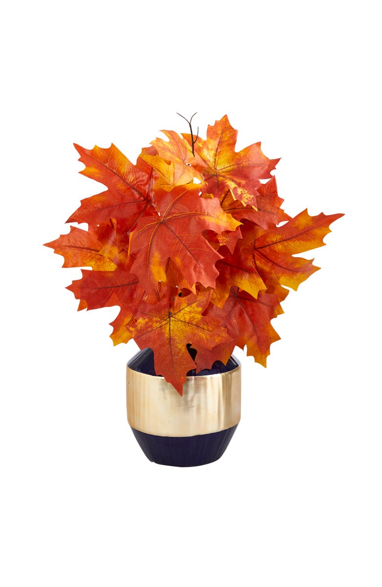 NEARLY NATURAL 18-in Autumn Maple Leaf Artificial Plant in Blue and Gold Planter, Main, color, Orange
