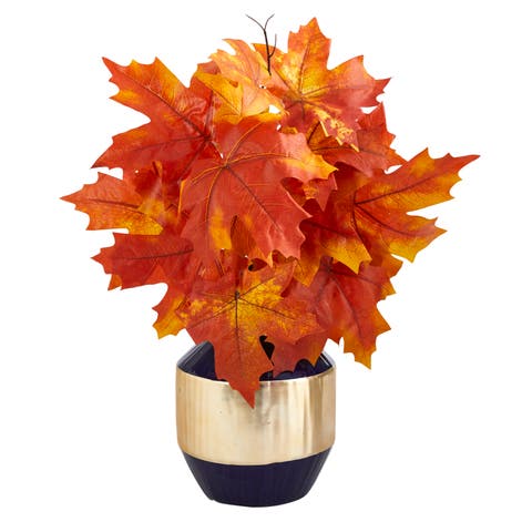 18-in Autumn Maple Leaf Artificial Plant in Blue and Gold Planter