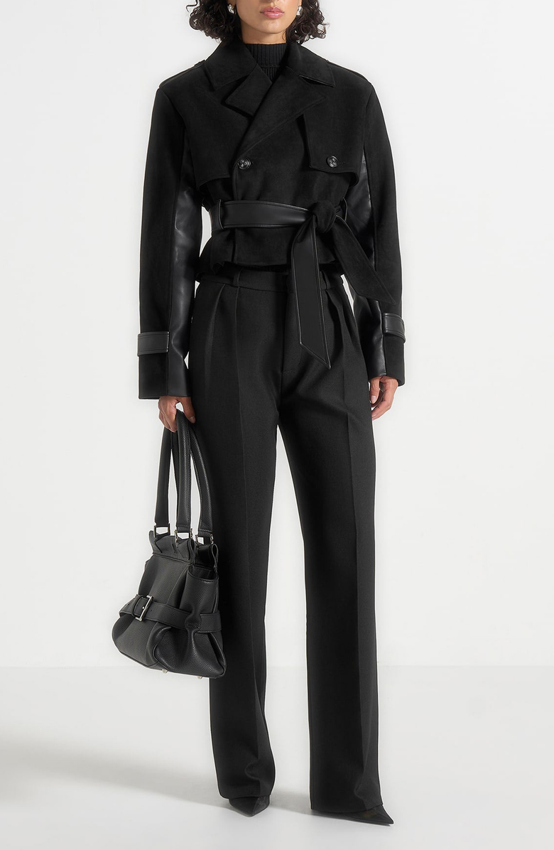 Manière De Voir Lelia Cropped Suede Trench Coat With Belt, Alternate, color, Black
